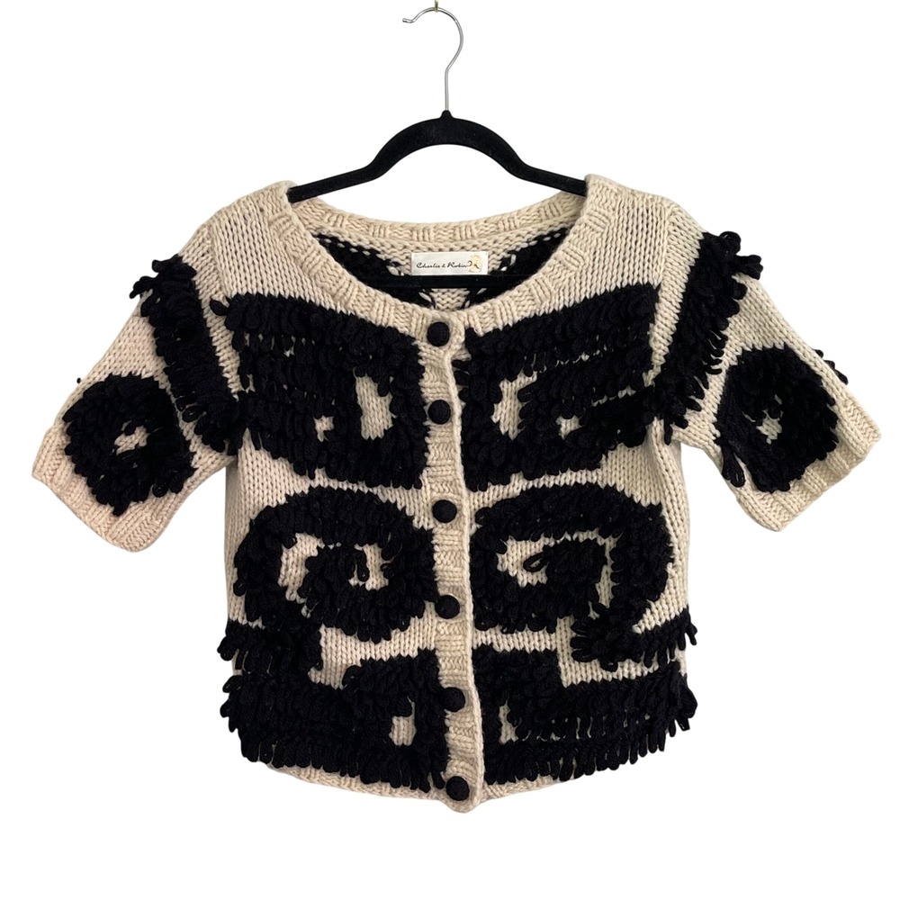 Charlie & Robin Anthropologie 100%‎ Wool Chunky Knit Short Sleeve Cardigan Cream
